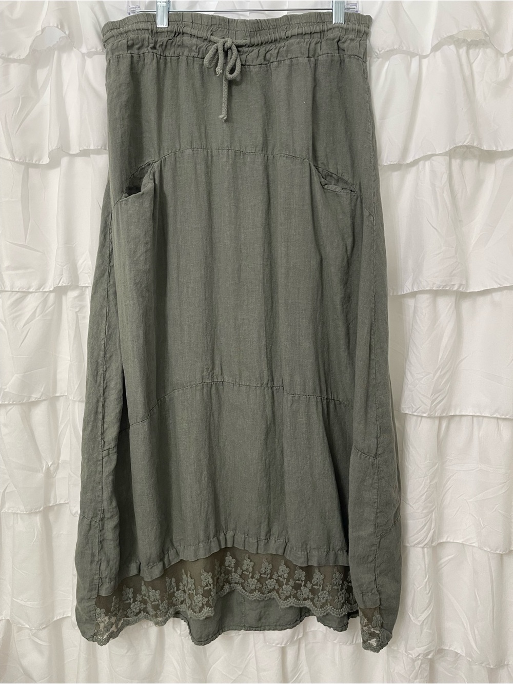 Bella Amore Olive Green Maxi Skirt with Lace Hem